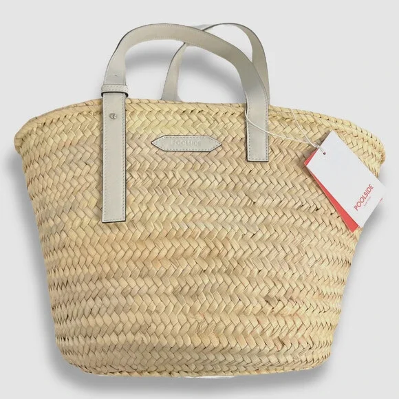 $245 Poolside Women's Beige The Essaouira Straw Medium Leather Tote Bag Purse - Picture 5 of 6